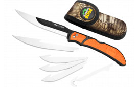 Outdoor Edge RBB20C RazorBone 6 Blades, Folding 3.40" Gut Hook/3.50" Drop Point/5" Fillet Satin/Black Oxide 420J2 SS Blades, Blaze Orange Textured Grivory w/TPR Inserts Handle