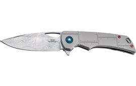 Boker 01BO910DAM P-51 Damast 3.35" Drop Point Plain Silver Acid Etch Damascus Blade Titanium Handle