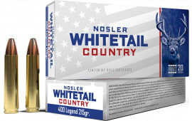 Nosler Whitetail Country 400 Legend 215gr Straight-Wall Soft Point 20rd Brass Case Ammunition.