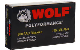 Wolf 300BLKFMJ1 Polyformance .300 Blackout 145 GR FMJ Steel Case, Non-Corrosive - 500 Round Case