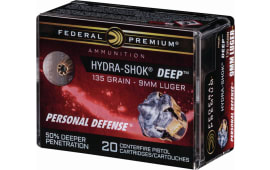 Federal P9HSD1 Premium Personal Defense 9mm Luger 135 gr Hydra-Shok Deep Hollow Point - 20rd Box