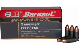 Barnaul 9MM Luger Case,  FMJ 115 Grain, Non-Corrosive, Steel Cased, 50 Rounds / Box - 500 Round Case