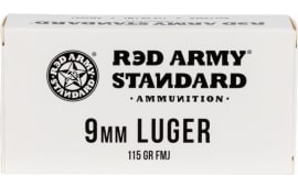 Red Army Standard 9mm Ammunition, 115 Gr. FMJ, Laquer Coated, Steel Case, Non-Corrosive - 50 Round Box Mfg # AM3091