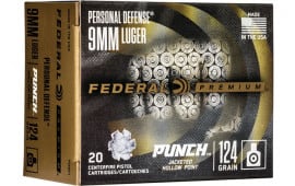 Federal PD9P1 Premium Personal Defense Punch 9mm Luger 124 gr Jacketed Hollow Point (JHP) - 20rd Box
