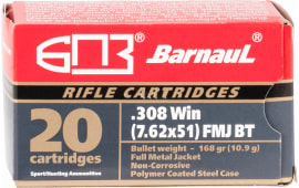 Barnaul BRN308WINFMJBT168 .308 Win, 168 Grain FMJ Boat Tail, Steel Case, Non Corrosive  - 500rd Case