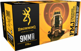 Browning Ammo B191800094 Training & Practice 9mm Luger 115 GR Full Metal Jacket, Brass, Boxer, Non-Corrosive - 500 Round Case