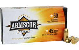Armscor 45 ACP Ammo, 230 GR,  Full Metal Jacket, Brass Case, Boxer Primed, Non-Corrosive, Reloadable...1000 Round Case -  FAC4512N