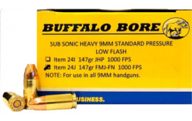 Buffalo Bore Ammunition 24J/20 9mm 9mm Luger 147 GR Full Metal Jacket Flat Nose - 20rd Box