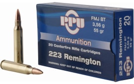 PPU PP223M Magapack Rifle Ammunition .223 Remington 55 Grain, Full Metal Jacket, Boat Tail, Brass, Boxer, Non-Corrosive, Reloadable - 800 Round Case
