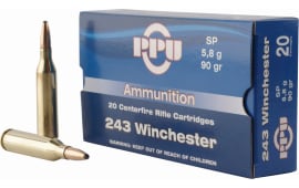 PPU PP2431 Standard Rifle 243 Winchester 90 GR Soft Point - 20rd Box