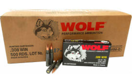 Wolf Performance 308FMJ .308 Winchester 150 GR Ammo, Non-Corrosive, Coated Steel Casings - 500 Round Case