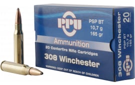 PPU PP3082 Standard Rifle 308 Winchester/7.62 NATO 165 GR Pointed Soft Point Boat Tail - 20rd Box