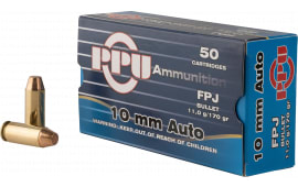 PPU PPH10F Handgun 10mm Automatic Ammunition - 170 GR Flat Point Jacketed - 50 Rounds / Box - 500 Round Case