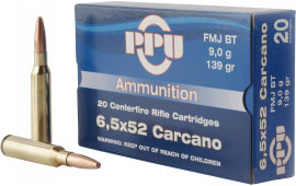 PPU PP3006G Metric Rifle Ammunition, 6.5x52mm Carcano, 139 GR, Brass, Boxer, Reloadable Non-Corrosive FMJ - 100 Round Quantity