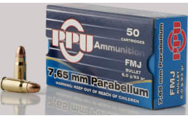 PPU PPH765P Handgun 7.65 Parabellum 93 GR Full Metal Jacket - 50rd Box