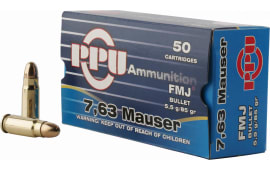 PPU PPH763 Handgun 7.63mm Mauser 85 GR Full Metal Jacket - 50rd Box