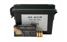 Sellier and Bellot SB45A 45 ACP 230 GR FMJ, Brass Cased, Boxer Primed, Full Metal Jacket  Ammo - 500 Round Ammo Can
