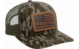 Leupold 172600 Leather Flag Trucker Hat Green/Bottomland Camo Adjustable Snapback OSFA Semi-Structured