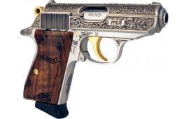 Walther Arms PPK/S Exquisite Semi-Automatic .380 ACP Pistol, 3.3" Barrel, (2) 7 Round Magazines - Stainless Steel Engraved Finish with Turkish Walnut Grips - 4796017