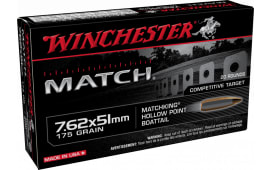 Winchester Ammo S76251M Match 7.62x51mm NATO 175 gr Boat-Tail Hollow Point (BTHP) - 20rd Box