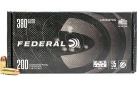 Federal Black Pack .380 ACP 95 GR Full-Metal Jacket Ammunition , Round Nose - 200 Round Box - Brass, Boxer, Reloadable