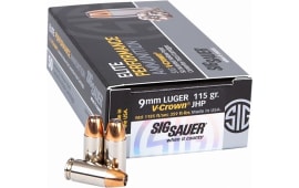 Sig Sauer Ammo 9mm 115 GR V-CROWN Jacketed Hollow Point Brass Case - 50rd Box