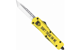 CobraTec Knives MDTOMFS-3TNS Don't Tread on Me Medium 3" OTF Tanto Plain D2 Steel Blade Yellow Cerakoted Aluminum w/"Don't Tread On Me" Engraving Handle Features Glass Breaker