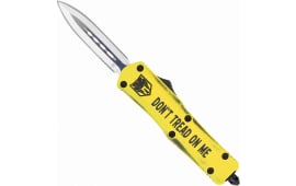CobraTec Knives MDTOMFS-3DAGNS Don't Tread on Me Medium 3" OTF Dagger Plain D2 Steel Blade Yellow Cerakoted Aluminum w/"Don't Tread On Me" Engraving Handle Features Glass Breaker