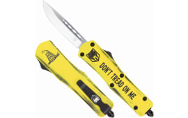 CobraTec Knives MDTOMFS-3DNS Don't Tread on Me Medium 3" OTF Drop Point Plain D2 Steel Blade Yellow Cerakoted Aluminum w/"Don't Tread On Me" Engraving Handle Features Glass Breaker