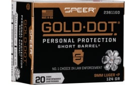 Speer Ammo 23611GD Gold Dot Personal Protection 9mm Luger +P 124 gr Hollow Point (HP) - 20rd Box