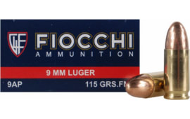 Fiocchi Pistol Ammunition 9AP, 9mm, Full Metal Jacket (FMJ), 115 GR, 1200 fps, 50 Rds / Box