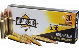 Armscor 50113 Rifle Ammo -  Rock Pack  - 5.56 NATO 55 GR, Full Metal Jacket, Brass, Boxer, Non-Corrosive, Reloadable - 300 Round Case.  