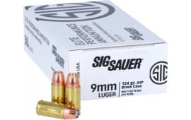 Sig Sauer - 9mm - 124 Grain JHP (Jacketed Hollow Point) - Brass Cased - Non-Corrosive - Reloadable - 50 Round Box - E9MMJHP124-50