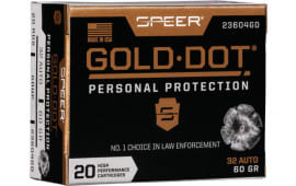 Speer Ammo 23604GD Gold Dot Personal Protection 32 ACP 60 gr Hollow Point (HP) - 20rd Box