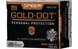 Speer Ammo 23617GD Gold Dot Personal Protection 9mm Luger +P 124 gr Hollow Point (HP) - 20rd Box