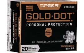 Speer Ammo 23618GD Gold Dot Personal Protection 9mm Luger 124 gr Hollow Point (HP) - 20rd Box
