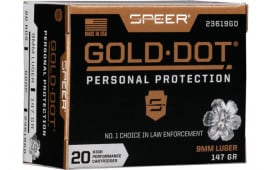 Speer Ammo 23619GD Gold Dot Personal Protection 9mm Luger 147 gr Hollow Point (HP) - 20rd Box