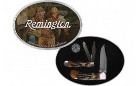 Remington 15683 American Classic Limited Edition Gift Tin Two 3.50" Folding Plain Stainless Steel Blade Coffee Brown Bone with Embedded Remington Cutlery Medallion Handle