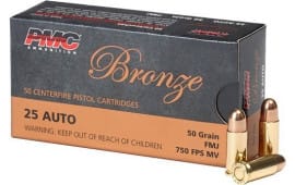 PMC 25A Bronze Case - .25 ACP Target Ammunition 50 GR FMJ, Brass Cased - 50 Rounds / Box - 1000 Round Case