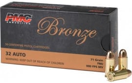 PMC 32A Bronze 32 ACP Target Ammunition, 71 GR FMJ, Brass Cased - 50 Rounds / Box - 1000 Round Case