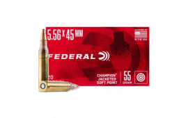 Federal 5.56x45mm ( 5.56 Nato ) Champion Jacketed Soft Point Ammunition, 55 Grain Bullet, Brass, Boxer, Reloadable - F556A - 500 Round Case