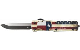 Templar Knife SZTX321 Premium Weighted Small 3" OTF Drop Point Plain Black Oxide Stonewashed Powdered D2 Steel Blade/4.50" Red/White/Blue w/"The Lone Star State" Aluminum Zinc Alloy Handle