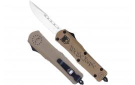 CobraTec Knives SWTPFS3DNS FS-3 We The People Small Aluminum Cerakoted OTF Drop Point Plain D2 Steel Blade Tan "We The People" Aluminum Handle Includes Glass Breaker/Pocket Clip