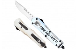 CobraTec Knives SCATIFS3DNS FS-3 Come And Take It Small 3" OTF Drop Point Plain D2 Steel Blade 4.50" White "Come And Take It" Aluminum Cerakoted Handle Includes Glass Breaker/Pocket Clip