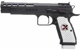 Tanfoglio IFG TF-GOLDMX-9 Gold Match Xtreme Caliber with 6" Barrel, Overall Black Finish, Beavertail Frame, Ported Steel Slide & White Polymer Grip