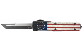 Templar Knife MZBRF221 Premium Weighted Slim 3.16" OTF Tanto Plain Black Oxide Stonewashed Powdered D2 Steel Blade/4.93" Betsy Ross Flag Aluminum Zinc Alloy Handle