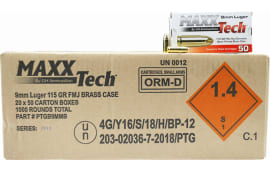 MaxxTech 9mm 115gr FMJ Brass Cased, Non-Corrosive, Boxer Primed, Fully-Reloadable - 1000rd Case - PTGB9MMB