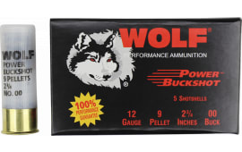 Wolf Power BuckShot Case, 00 Buck 9 pellet 12 Gauge, 2-3/4", 120 Rounds Per Case