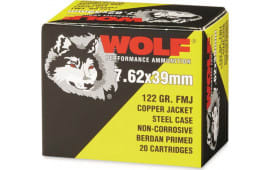 Wolf Performance 7.62x39 122 GR Ammo, Non-Magnetic, Lead Core, Full Copper Jacketed Projectile, Non-Corrosive, Range Safe - 1000 Round Case