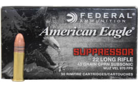 Federal American Eagle 22LR 45 GR Subsonic Copper Plated Round Nose Ammo AE22SUP1 - 50rd Box